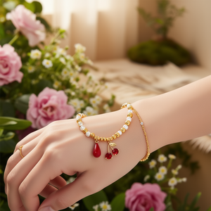 Fashion Beaded <b>Bracelet</b> 316L Stainless Steel PVD Gold Plating <b>Red</b> Cherry Charm Women's Jewelry - Product Image 3