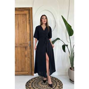 เดรสผ้ามัสลินทรงเอไลน์สีดำเรียบง่าย คาดเข็มขัด เอวธรรมชาติ สวมใส่สบายๆ ทุกวัน ซักได้ - Product Image 5