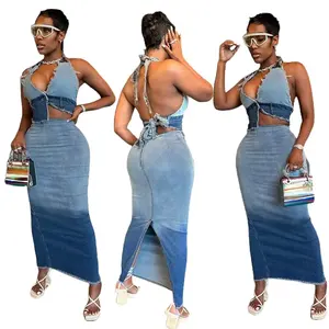 2023 Women Fall Chill 2 Pieces Skirt Set Bra Tops with Jeans for Women Skirt Suit Jean Long Jean Skirts for Ladies