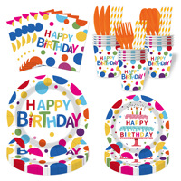 Ensemble de vaisselle jetable coloré à pois pour anniversaire, assiettes en papier, gobelets, serviettes, couverts pour fête d'anniversaire d'enfants