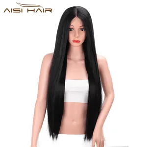Aisi Hair ออกแบบใหม่ Silky Straight Lace ด้านหน้าวิกผมยาวเส้นใยสังเคราะห์ทนความร้อนสีดำยาวตรงวิกผมสำหรับผู้หญิง