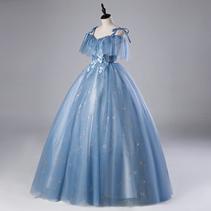 Blue Off The Shoulder Evening Gown With Floral Print Empire Waist Long Tulle Dress For Banquets And Performances - Product Image 2