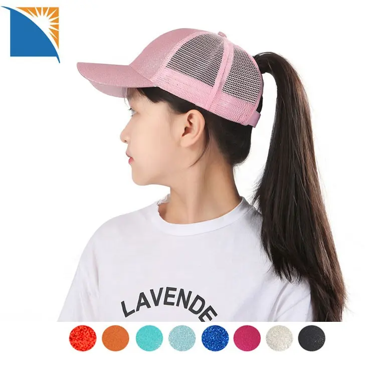 Glitter Ponytail Hats Kids Trucker Pony Caps Sequin Mesh Baseball Hat Children Girls Ponytail Baseball Cap