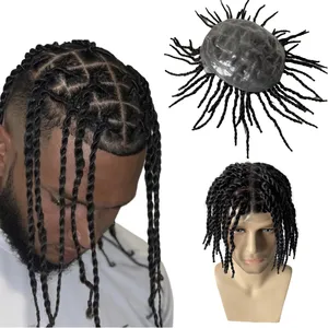 Brazilian Virgin Human Hair Replacement 200% Density 1# Jet Black Twist Braids Knots Skin PU Toupee for Black Men