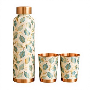 Ayurvedic Floral Leaf Pattern <b>Metal</b> <b>Water</b> <b>Bottle</b> Set with Copper Trim Portable Drinkware for Travel - Product Image 1