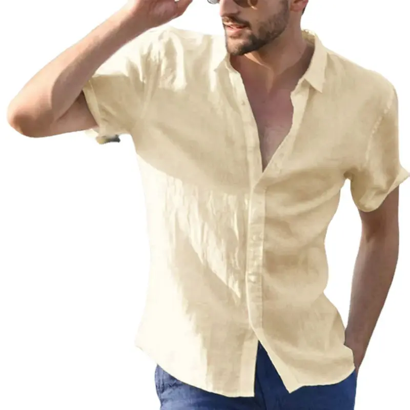 Short Sleeve Shirt Shirt Cardigan Casual Beach Shirt New Lapel Cotton Linen Men's Solid Color Summer Other Fabric Knitted 2pcs