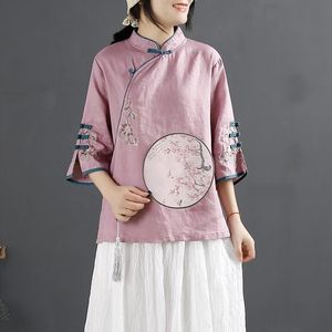 Chinese Style Cotton Linen Shirt Women Spring Summer Stand Collar Frog Button Embroidered Tea Dress Pink White Blue Yellow - Product Image 5