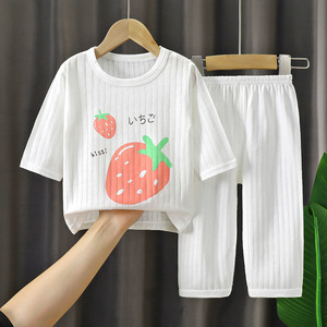 Vêtements d'intérieur pour enfants, printemps, côtelé, imprimé animal, coton, sept manches, fin, respirant, climatisation, vêtements pour bébé garçon - Product Image 1