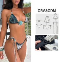 Ensemble bikini triangle léopard vintage avec pierres turquoise, liens latéraux, style bohème, maillot de bain deux pièces pour femme, service OEM de haute qualité