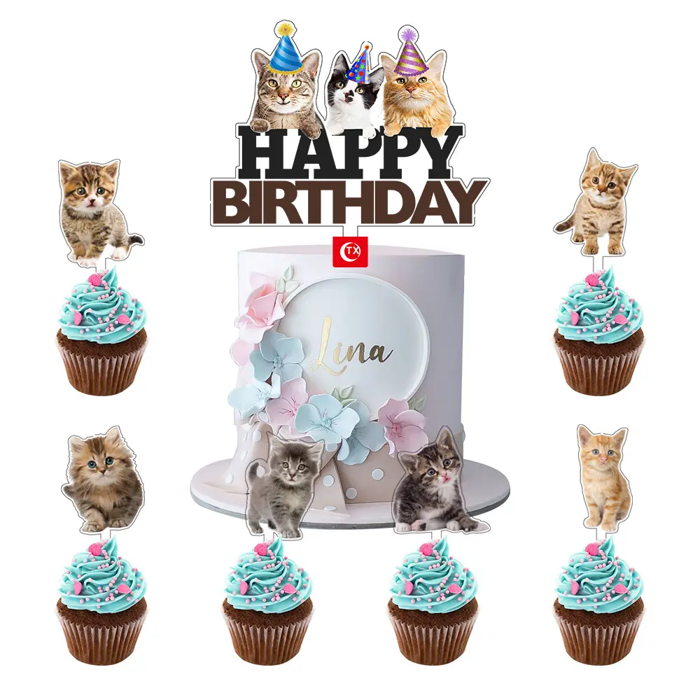Schattige Kitty Huisdier Feestartikelen Milieuvriendelijke Papieren Cake Topper Verjaardagsfeestje Taart Decoratie Papieren Bekerset