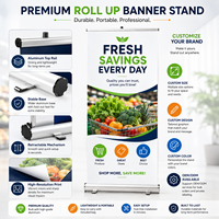 Support de bannière déroulante verticale sur pied en aluminium léger à base large, personnalisé OEM, pour affichage publicitaire au sol