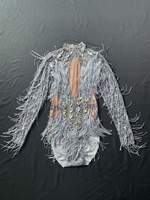 Tenues de danseuse de pôle à cristaux, manches longues et franges, combinaison courte une pièce pour femmes, body moulant pour femmes
