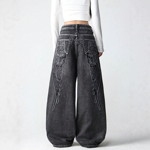 Vintage-washed Loose-fit Denim Wide-leg <strong>Trousers</strong> High Street Style Wing Embroidery Floor-length Wide-leg Denim Pants for Women - Product Image 3