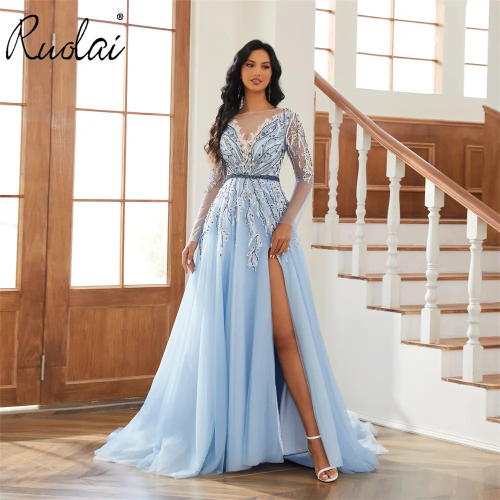 Ruolai LWC6806 New Arrival Scoop Long Sleeve Evening Dresses Sky Blue Beading Evening Gowns with Slit
