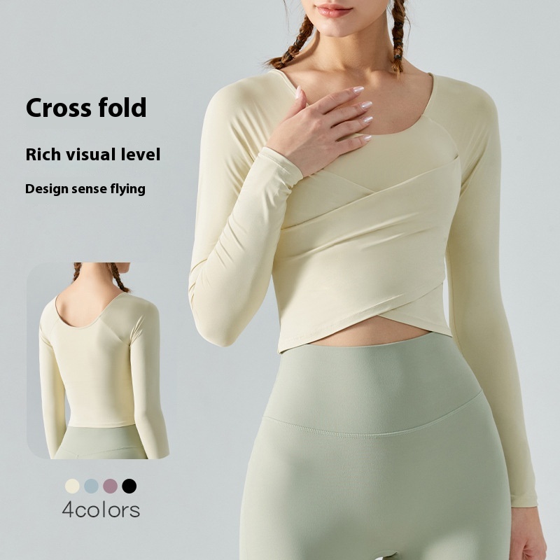 QUFENG Women's Slim Fit Cross Pleated Long Sleeve Sports Fitness Wear Autumn Quick Dry Breathable Quick Dry Breathable