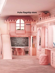 Letto a Castello Rosa in Legno Massello, Realizzato su Misura per Camere per Bambini di Grandi Dimensioni, con Armadio Integrato, Letto da Principessa, Nascondiglio Segreto per Interni - Product Image 2