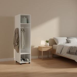 Armoire en bois blanc 63H, 3 étagères, 1 miroir, 4 roulettes, meuble de chambre autoportant pliable pour usage domestique - Product Image 2