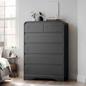 Wooden Dresser for Bedroom with <b>6</b> <b>Drawers</b>, Tall Modern Dressers & Chest of <b>Drawers</b> Curved Profile Design - Product Image 1