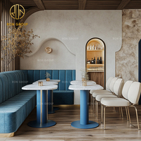 Meubles de salon de luxe haut de gamme en pierre frittée ronde bleue, velours, pour hôtel, café, restaurant, banquette, chaise et table