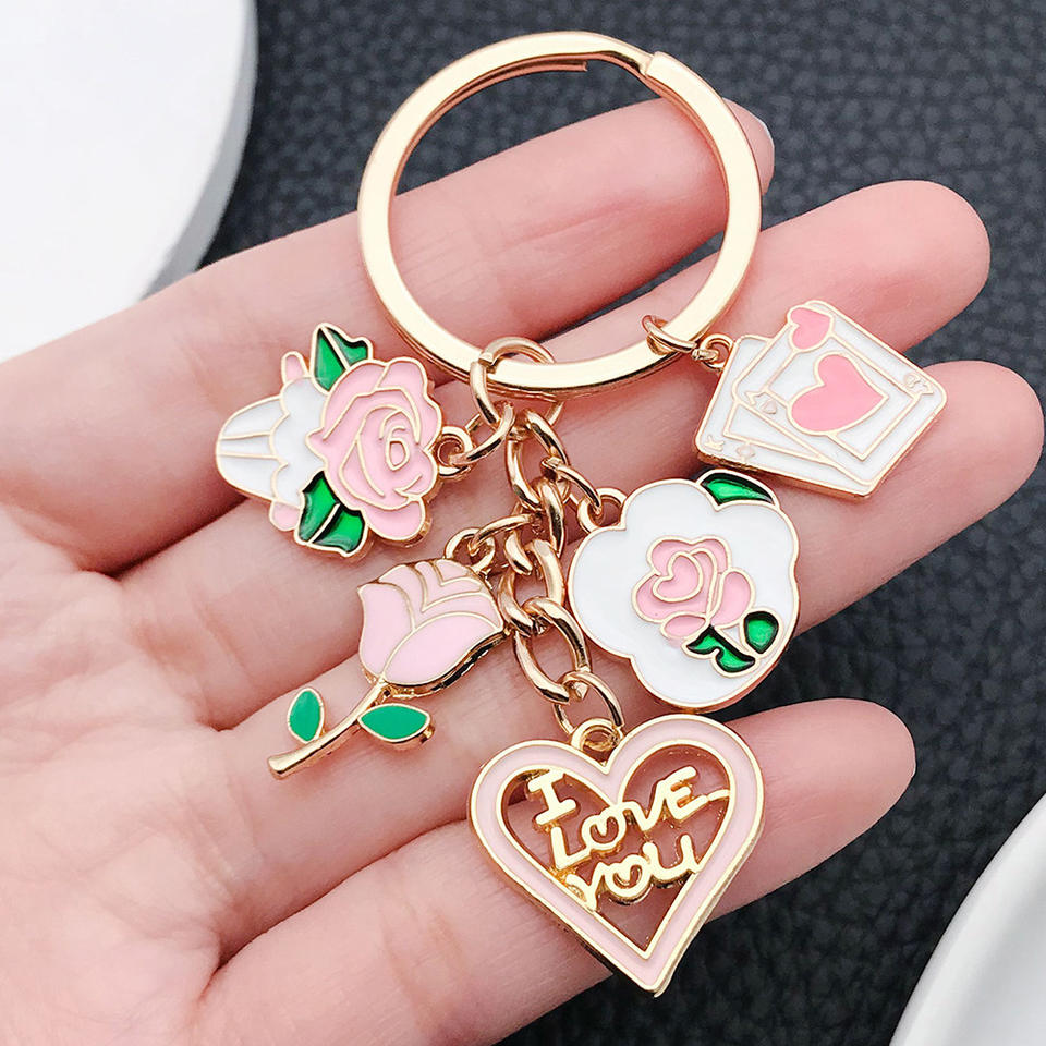 Creative Alloy Pink Enamel Keychain Pink Love Rose Perfume Metal Charms ...