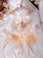 Ensemble de lingerie brodée de diamants, sexy, avec soutien-gorge corset à double bretelles et laçage, tutu en maille, jarretière à chaîne métallique à la taille et culotte