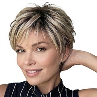 WIGYY Peluca corta tipo Pixie para mujer, color blanco, rizado, rubio ceniza, raíces oscuras, resistente al calor a alta temperatura, sintético, ligero, sin pegamento