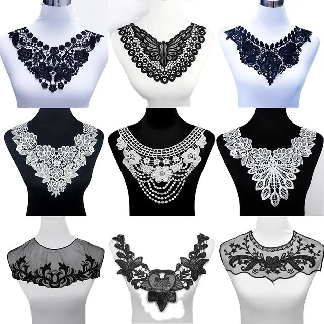 Fabric Trim DIY Embroidery Lace Fabric Neckline Applique CB2675 100% Polyester Black Big Flower Necklace Lace Neck Collar