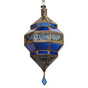 Farol Marroquí Cónico de Vidrio Azul y Metal, Decoración Colgante para el Hogar, Resistente al Calor, Ecológico, Portavelas - Product Image 1