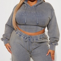 Ensemble 2 pièces sportif pour femme, col roulé court et sweat à capuche court, en coton/élasthanne délavé, motif lettres, grande taille, écoresponsable