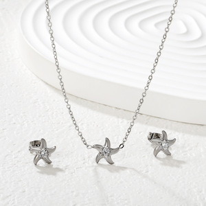Pendentif étoile de mer, chaîne de clavicule, boucles d'oreilles et collier en acier inoxydable, ensemble de bijoux cadeau, design de vie marine à la mode - Product Image 4