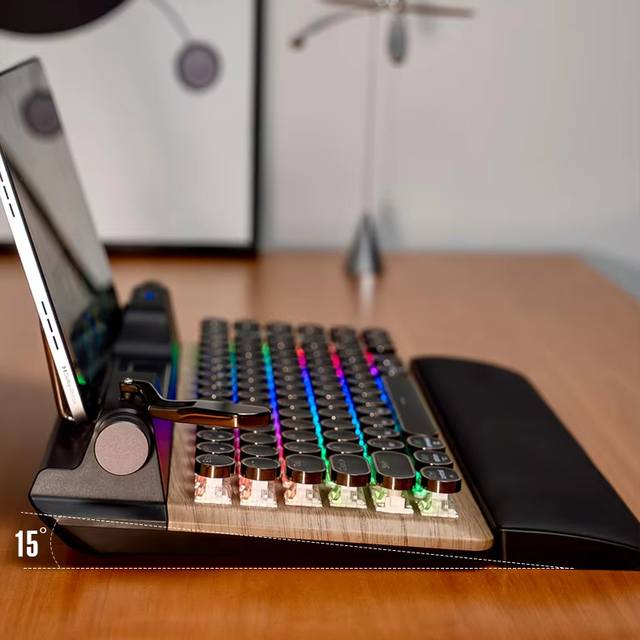 Retro Typewriter Keyboard with RGB Luminous Three Connection Modes Vintage Punk Round Keys Keyboard for Desktop PC/Laptop