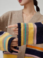 Maßgeschneiderter Damen V-Ausschnitt Knopf-Mohair-Strickcardigan Top 2026 Frühling Locker Sitzender Kontrast-Streifen Pullover Mantel Damen Winterpullover