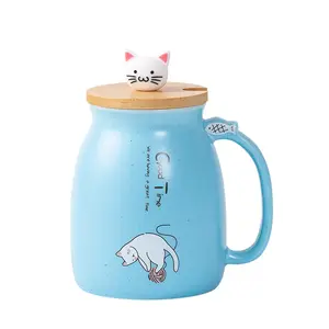 Sevimli kedi tarzı seramik kapaklı kupalar kaşık karikatür yaratıcı sabah süt kahve çay benzersiz porselen süblimasyon sıcak seyahat