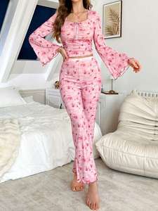 2025 Elegant Women's Casual Rose Print Long Sleeve Shirts Ruffles Pants <strong>Crop</strong> Top Crew Neck Fashionable Pyjama Sets Women - Product Image 2