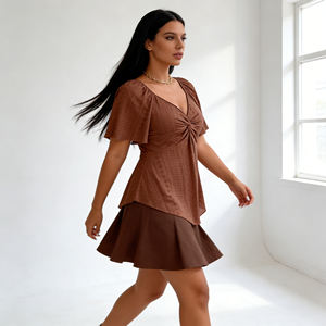 Customization Brown Eyelet Blouse with Twist Front Deep <b>V</b> <b>Neck</b> Short Flounce Sleeves Peplum Hem Modern Elegant <b>Women's</b> <b>Top</b> - Product Image 2