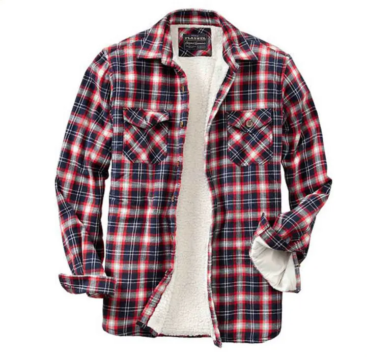 Benutzer definierte Flanell Sherpa gefüttert Herren Plaid Shirt lässig volle Ärmel plus Größe Shirts