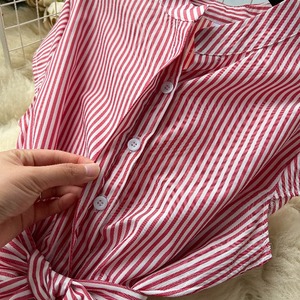 Đầm nữ tay ngắn kẻ sọc kiểu Pháp, thắt nơ eo, dáng chữ A, tôn dáng, kiểu Hàn Quốc - Product Image 5