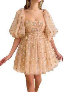 2023 Summer Elegant Custom Women Embellished Short Puff Sleeve Tulle <strong>Star</strong> Gilding Glitter Party Mini <strong>Dress</strong> - Product Image 1
