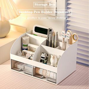 Desk Organizer with 6 Compartments 2 <strong>Drawers</strong> Plastic <strong>Makeup</strong> Organizer Pen Holder for Desktop Storage Desk Organization - Product Image 6