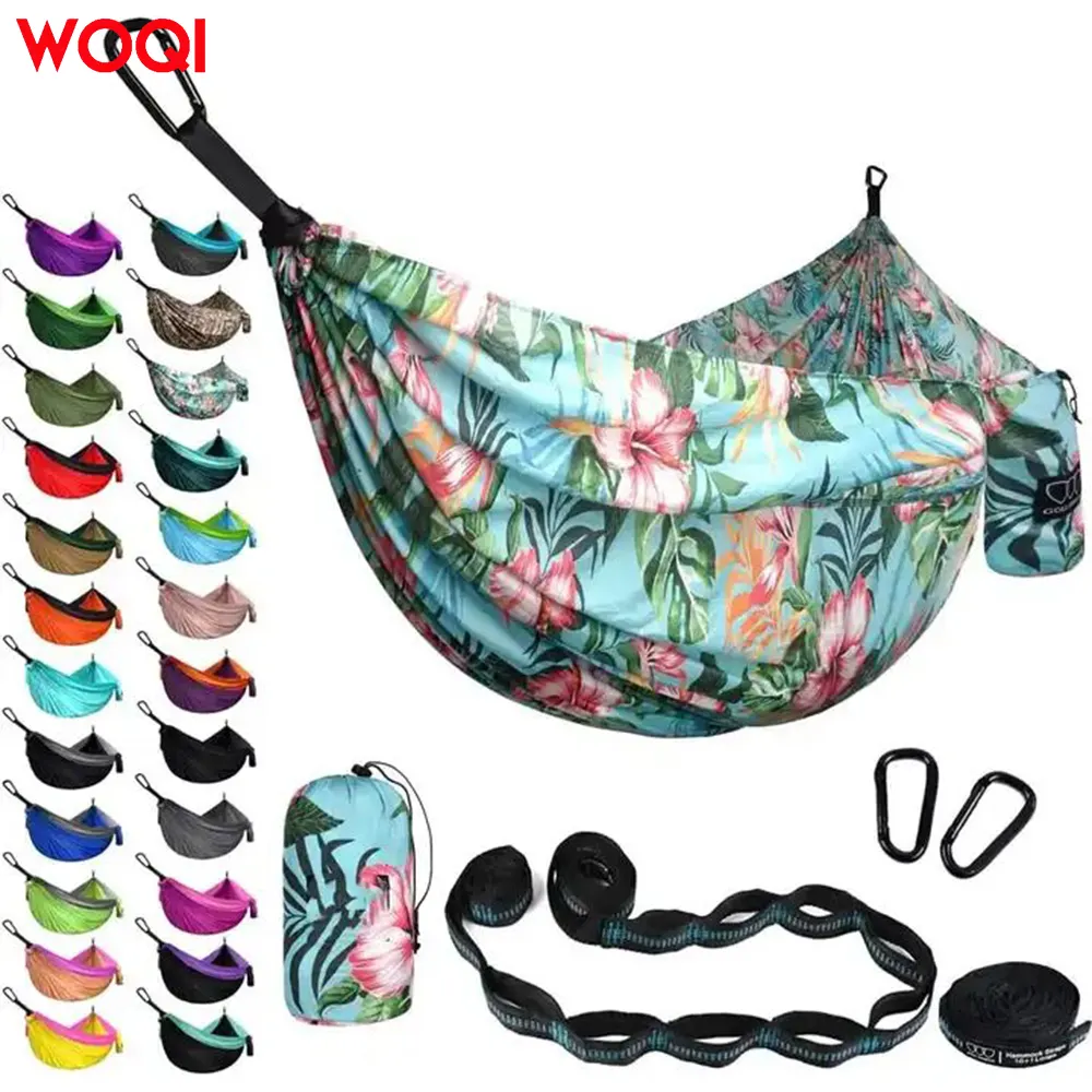 WOQI Wholesale Customized Outdoor Lightweight Portable Double sided Printed Camping Hammock with Backstraps
