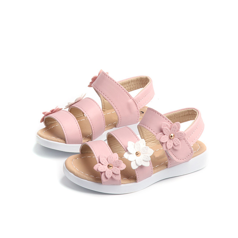 Hot sale 2021 fashion luxury cheap price kids girls pu leather flower design flat sandals children casual shoes