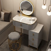 Ensemble de coiffeuse de luxe avec miroir rond éclairé, bureau de maquillage moderne avec armoire de rangement latérale et tabouret