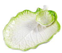 Plateau en céramique en forme de feuille de chou vert avec support lapin blanc mignon pour décoration de fête