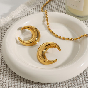 Yueli <b>Moon</b> Huggie <b>Earrings</b> 18K Gold Plated Stainless Steel Geometric Design Gift Jewelry - Product Image 2
