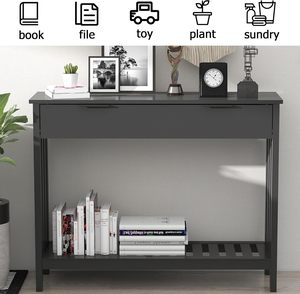 <span class=keywords><strong>Mesa</strong></span> Consola Estrecha Negra con Cajón y Estante de Almacenamiento, <span class=keywords><strong>Mesa</strong></span> de Entrada de Madera, <span class=keywords><strong>Mesa</strong></span> Consola Lateral para Sala de Estar - Product Image 2