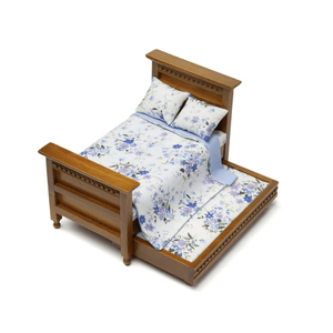 Meubles maison <span class=keywords><strong>de</strong></span> poupée 1:12 échelle noyer clair Miniature lit gigogne <span class=keywords><strong>amovible</strong></span> bleu Floral couverture avec oreiller - Product Image 1