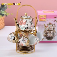 Set Teh Kopi, Aksesori Espresso Mewah Gaya Eropa, Cangkir Keramik Bunga Warna-warni 100ML Berlapis Emas