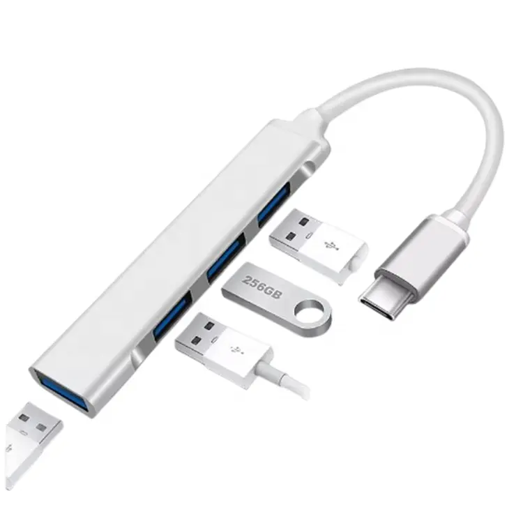 Liga de alumínio cinza prateado para PC Laptop Tipo C Adaptador portátil 3.0 USB HUB 4 portas