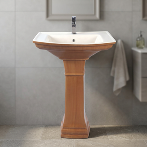 Ceramic Sanitary Wooden Color Luxury Bathroom Designer Round Bowl Big Sterling Pedestal Wash Basin, Wooden Pedestal Sink Price - Product Image 4