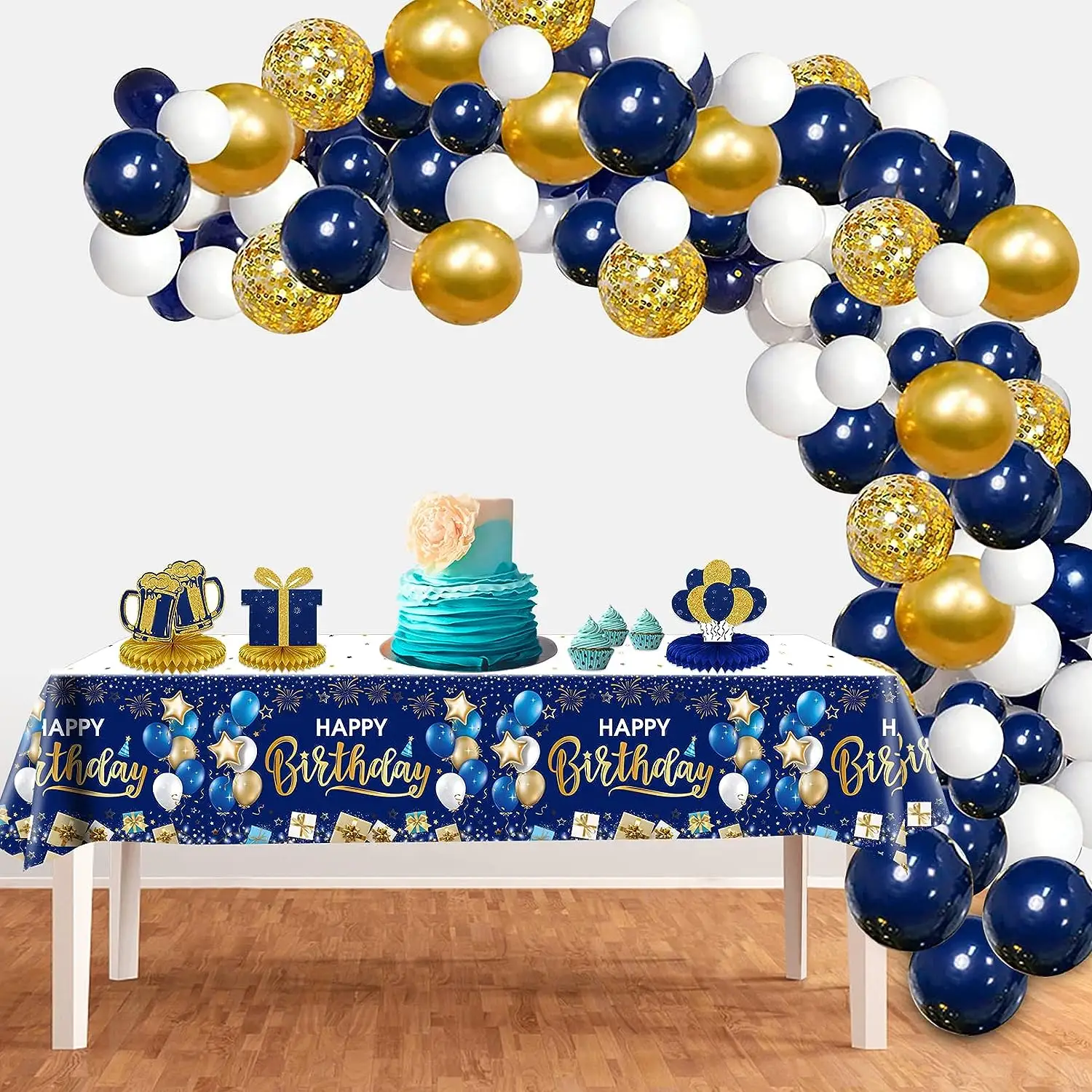 Mantel de cumpleaños azul marino y dorado, cubierta de mesa rectangular desechable para niños, niñas, hombres, mujeres, suministros de fiesta de cumpleaños